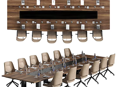 Wooden Conference Table With Multiple Chairs Water Bottles And Power Outlets On Wall Panel 3d model