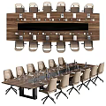 Wooden Conference Table With Multiple Chairs Water Bottles And Power Outlets On Wall Panel