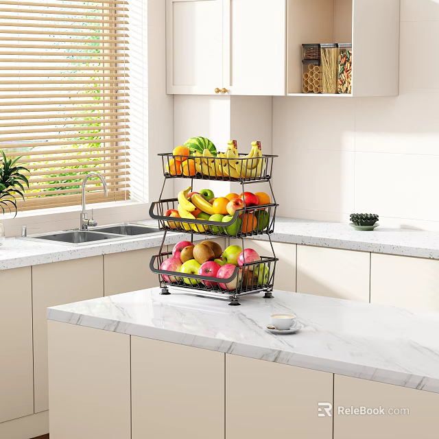 Modern Kitchen Multi Tiered Fruit Storage Rack Holding Fresh Fruits On Marble Countertop 3d model 