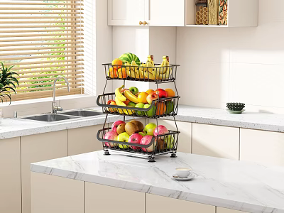 Modern Kitchen Multi Tiered Fruit Storage Rack Holding Fresh Fruits On Marble Countertop 3d model
