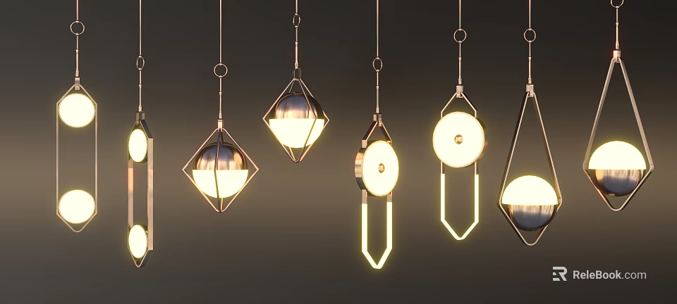 Modern Geometric Pendant Lights With Unique Metal Frames And Illuminated Designs 3d model 