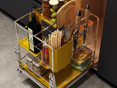 Stainless Steel Kitchen Utensil Storage Cart With Yellow Container Chopsticks Spoons Knives And Spice Jars 3d model