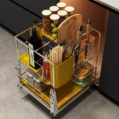 Stainless Steel Kitchen Utensil Storage Cart With Yellow Container Chopsticks Spoons Knives And Spice Jars 3d model