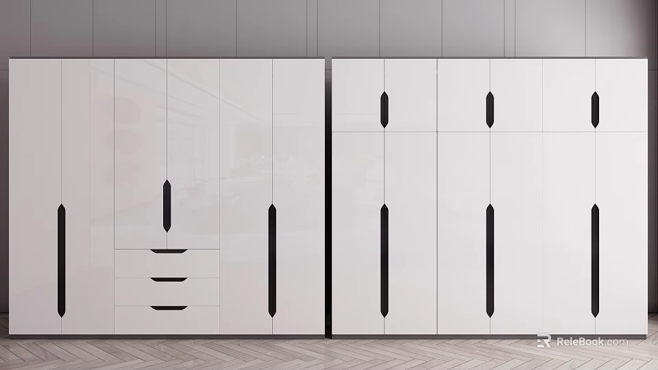 Modern White Wardrobe Interior With Sleek Design Flat Doors And Black Handles 3d model 