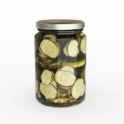 Clear Glass Seasoning Jar With Silver Lid Filled With Pickled Cucumber Slices And Spices 3d model