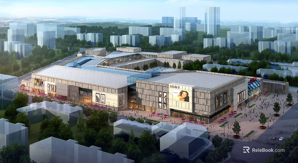 Modern Shopping Mall Atrium With Glass Facade Urban Surroundings And Pedestrian Activity 3d model 