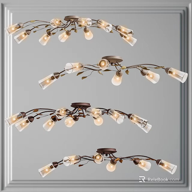 Vintage Style Chandeliers With Curved Metal Branches Glass Lamp Shades And Warm Light Bulbs 3d model 