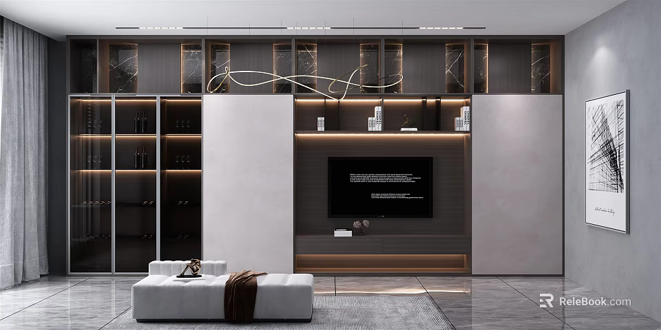Modern TV Console Design With LED Lighting And Glass Storage Cabinets In Living Room 3d model 