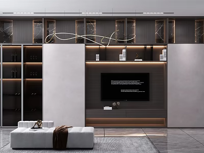 Modern TV Console Design With LED Lighting And Glass Storage Cabinets In Living Room 3d model