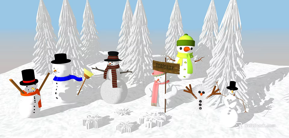 Winter Holiday Living Supplies With Snowmen Scarves Hats And Gift Boxes 3d model 