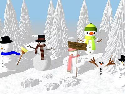 Winter Holiday Living Supplies With Snowmen Scarves Hats And Gift Boxes 3d model