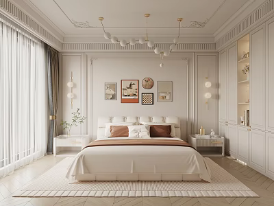 Modern Bedroom Interior Design With Large Bed Decorative Paintings Chandelier And Curtains 3d model