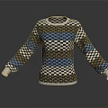 Colorful Patterned Sweater With Blue White Brown Checkerboard And Stripes Design
