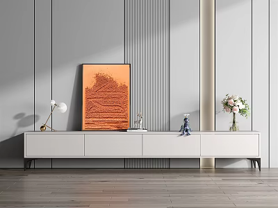 Elegant White Modern TV Stand in Living Room with Decorative Art Vase and Ornaments 3d model