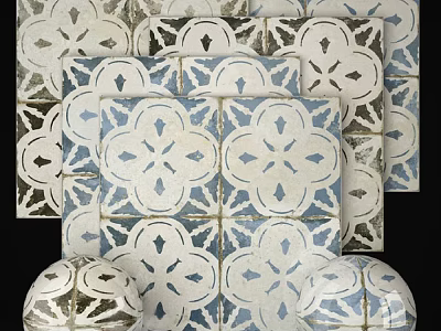 Blue and White Floor Tiles with Geometric Floral Patterns in Vintage Mediterranean Style 3d model