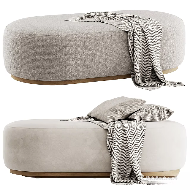 Light Gray Upholstered Ottoman With Textured Fabric Surface And Draped Throw Blanket 3d model 