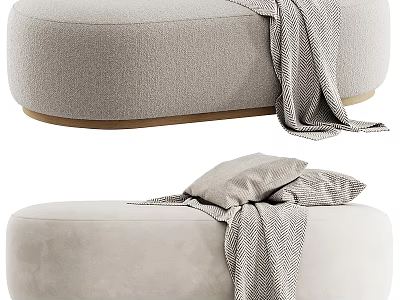 Light Gray Upholstered Ottoman With Textured Fabric Surface And Draped Throw Blanket 3d model