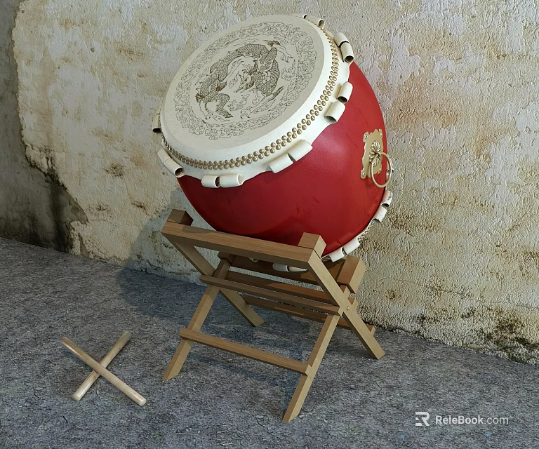 Traditional Red Musical Drum with Carved Pattern on Wooden Stand and Drumsticks 3d model 