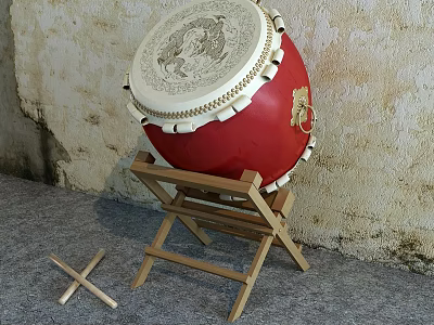 Traditional Red Musical Drum with Carved Pattern on Wooden Stand and Drumsticks 3d model