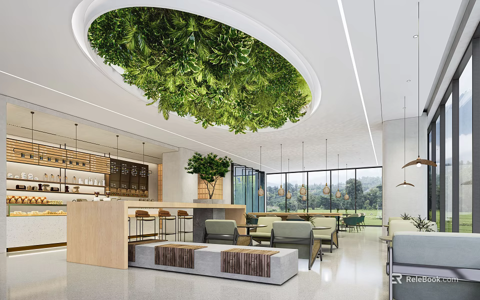 Modern Café Interior With Round Greenery Ceiling Sofas Bar Counter And Floor-to-Ceiling Windows 3d model