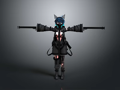 Anime Style Game Movie Character With Cat Ears Blue Hair Black Outfit And Arms Outstretched 3d model