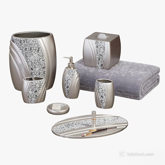 Modern Sparkling Silver Bathroom Essentials Set With Containers Towel Tray And Soap Dish 3d model 
