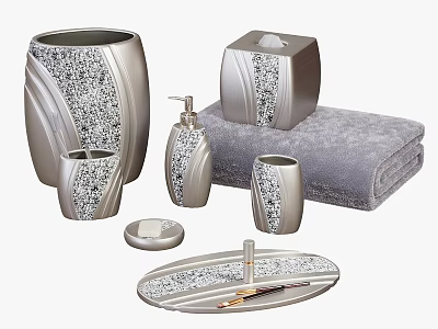 Modern Sparkling Silver Bathroom Essentials Set With Containers Towel Tray And Soap Dish 3d model