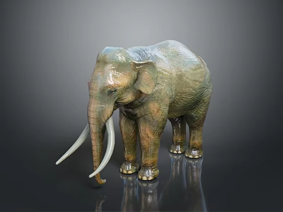 Green Brown Elephant Sculpture With Long White Tusks And Dark Background 3d model