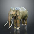 Green Brown Elephant Sculpture With Long White Tusks And Dark Background