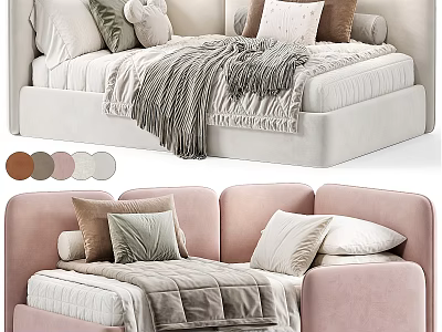 Soft Upholstered Kids Bed With Pink Beige Brown Color Options Plush Pillows And Cozy Blanket 3d model