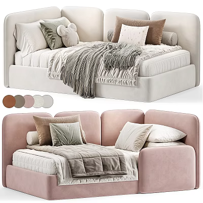 Soft Upholstered Kids Bed With Pink Beige Brown Color Options Plush Pillows And Cozy Blanket 3d model