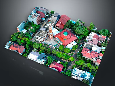 Aerial View of Residential Community With Red Roofs Green Trees and Dome Building 3d model