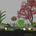 Serene Garden Landscape With Red Leaved Tree Green Plants Stones Pathway And Glowing Lights