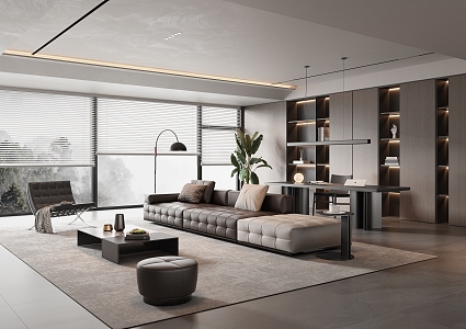 Italian Style Living Room Sofa Combination Leather Sofa Open Style Study Bookcase Living Room Study Integrated 3d model