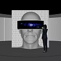 Technology Exhibition Hall with VR Headset on Humanoid Model and Interactive Digital Wave