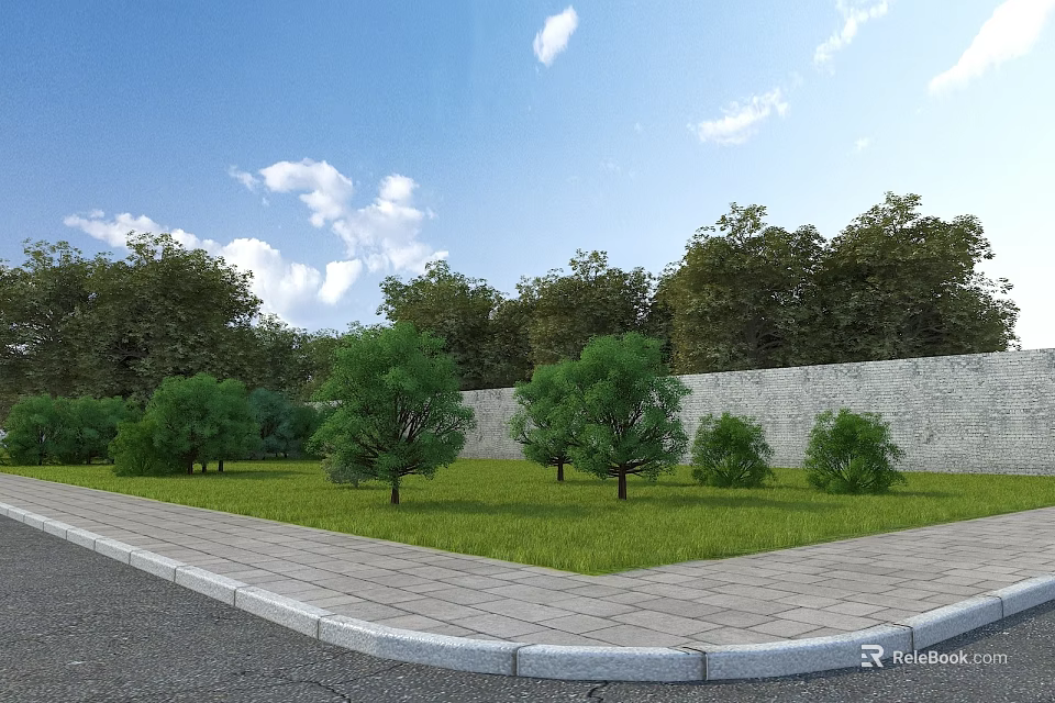 Tranquil Garden Landscape With Lawn Trees Stone Path Stone Wall And Blue Sky White Clouds 3d model 