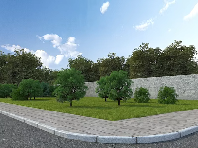 Tranquil Garden Landscape With Lawn Trees Stone Path Stone Wall And Blue Sky White Clouds 3d model