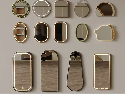 Various Decorative Mirrors With Different Shapes And Frame Designs Including Gold And Green Frames 3d model