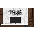 TV Background Wall With Marble Surface Wooden Cabinets And Ginkgo Leaf Decorative Ornament