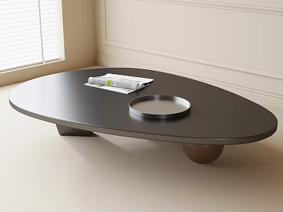 Modern Black Oval Coffee Table with Metal and Wooden Legs and Silver Tray plus Magazine 3d model