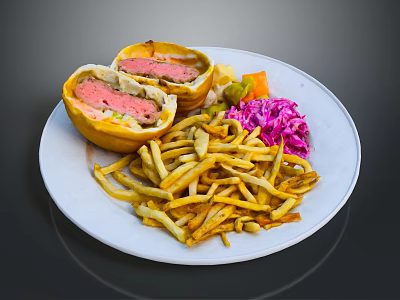 Delicious Steak Burger Cut In Half With Crispy Fries Coleslaw And Fresh Vegetables 3d model