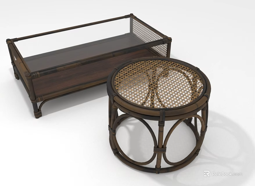 Stylish Round Rattan Top Wooden Frame Coffee Table for Modern Living Room 3d model 