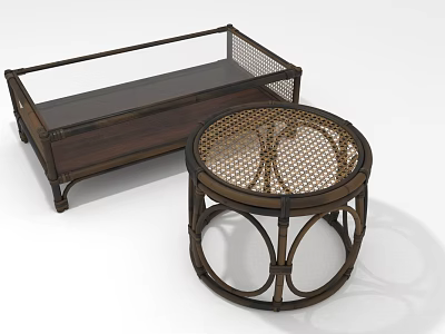Stylish Round Rattan Top Wooden Frame Coffee Table for Modern Living Room 3d model