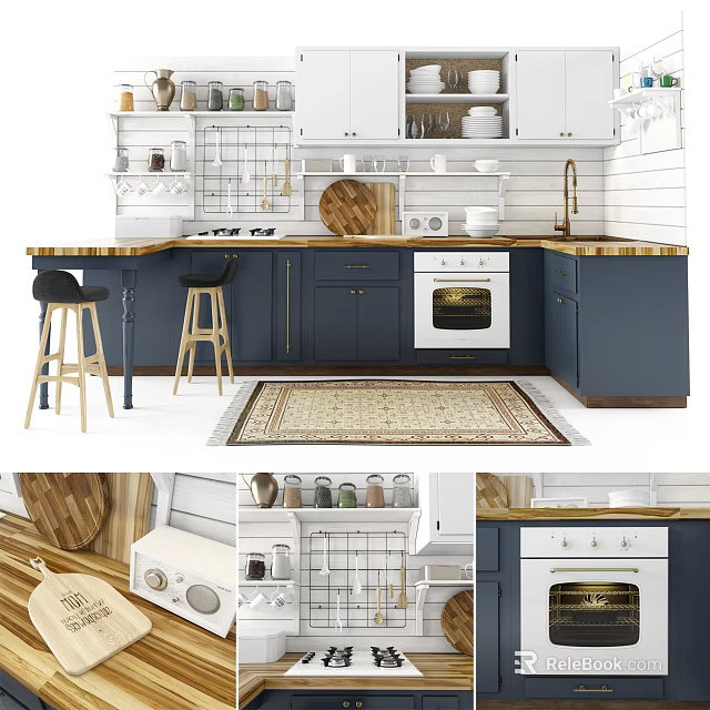 Modern Dark Blue Kitchen Cabinets With Wooden Island Counter And Oven 3d model 
