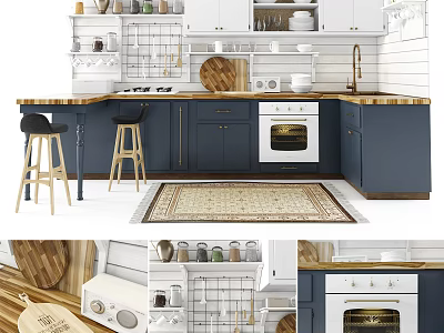 Modern Dark Blue Kitchen Cabinets With Wooden Island Counter And Oven 3d model
