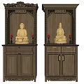 Wooden Buddhist Shrine Cabinet with Two Golden Buddha Statues Carved Decorations and Small Lamps