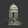 Ornate Classical Gazebo With Dome Columns And Decorative Base Beside Wooden Boat