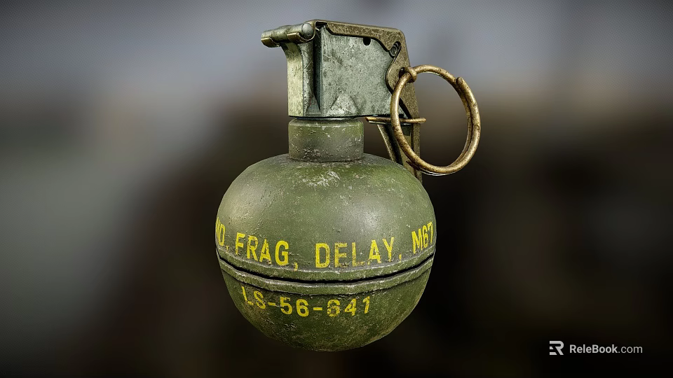 Vintage Green Military Grenade with Yellow FRAG DELAY M51 Text Metal Fuse and Ring 3d model 