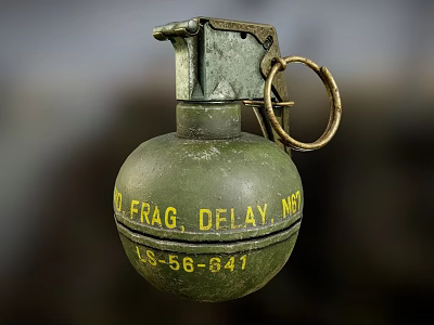 Vintage Green Military Grenade with Yellow FRAG DELAY M51 Text Metal Fuse and Ring 3d model