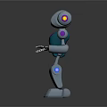 3D Robot Character Design with Blue Purple Accents Red Glowing Eyes and Metallic Limbs